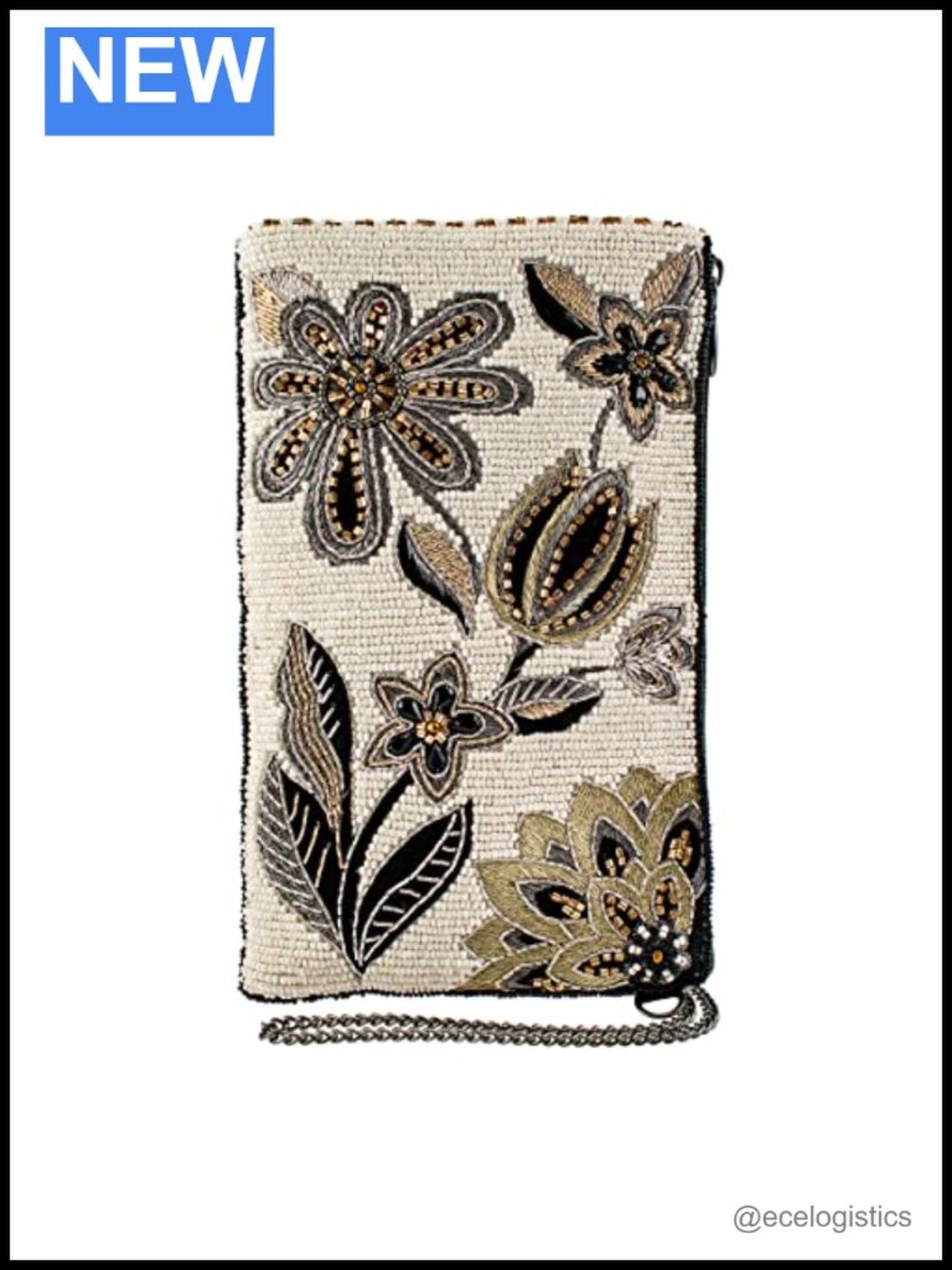 Handcrafted Floral Beaded Crossbody Cell Phone Bag with Chain Strap